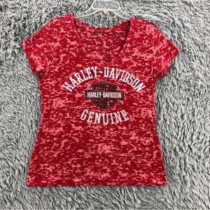 Harley Davidson Tshirt Womens Large Burnout Vneck Spellout Red Shirt
